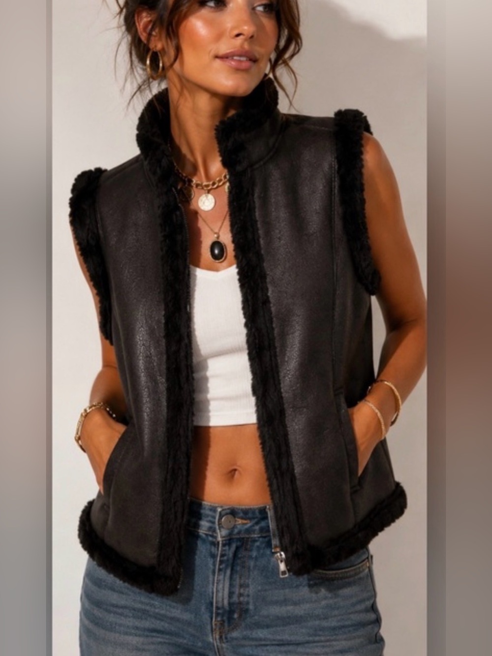 Jaclyn Smith Black Faux Shearling-Trim Vest